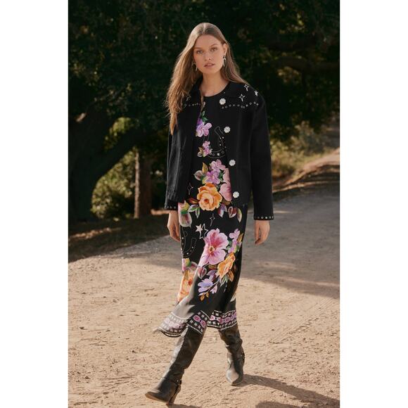 Johnny Was Karolina Tea Length Midi Dress Size Small Silk Floral Horseshoe Boho - Picture 8 of 14